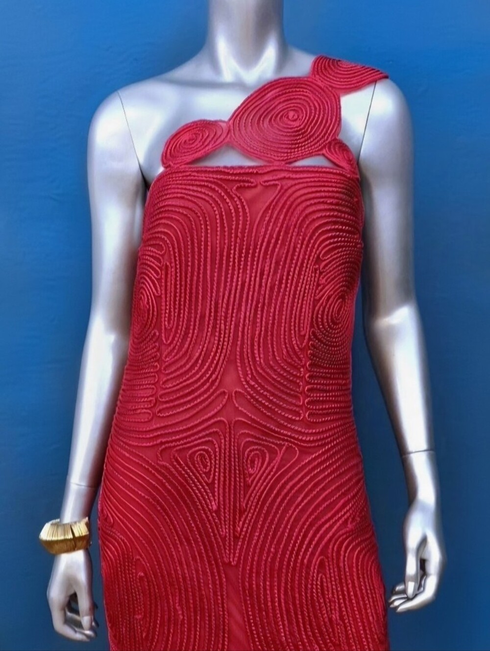 🆕️🔴ARRANGE Embroidered Satin One Shoulder Maxi Dress w/ Cutwork Design / (NWT) - Picture 3 of 13